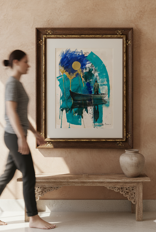 A la deriva, pintura abstracta en acrílico sobre cartulina de Carlos Becerra Llabrés expuesta en espacio interior