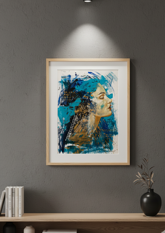 Detalle de la obra El Ascenso, mostrando la silueta contrastante en el centro de la composición.