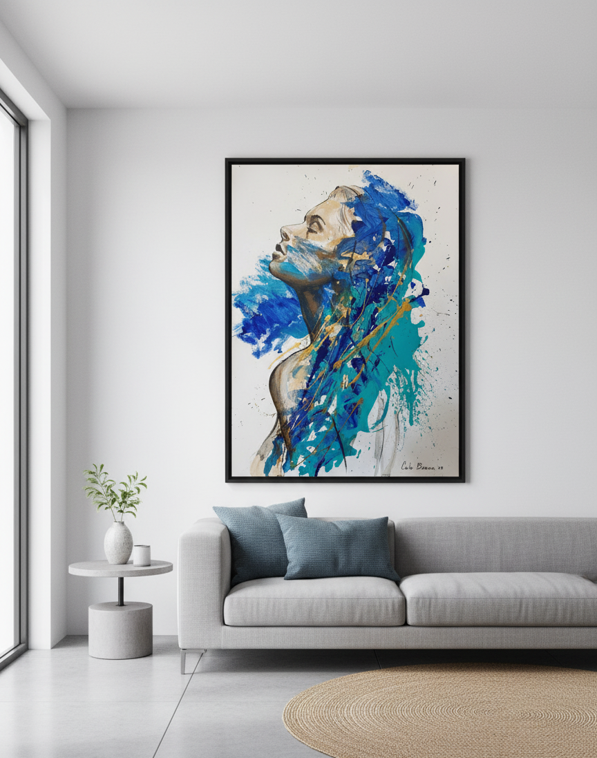 pintura Silueta Azul exhibida en un espacio interior, arte abstracto contemporáneo en acrílico sobre cartulina
