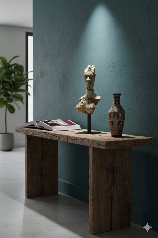 Obra escultórica contemporánea – busto femenino elegante emergiendo entre roca erosionada.