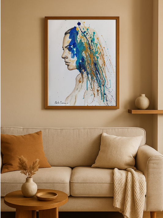 Destellos, pintura abstracta en acrílico sobre cartulina de Carlos Becerra Llabrés expuesta en espacio interior