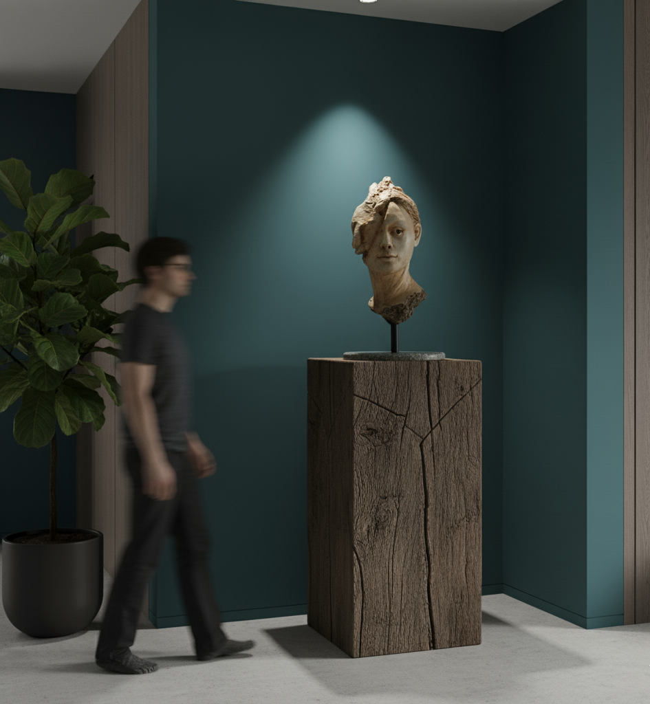 Obra escultórica contemporánea – rostro femenino convertido parcialmente en piedra.
