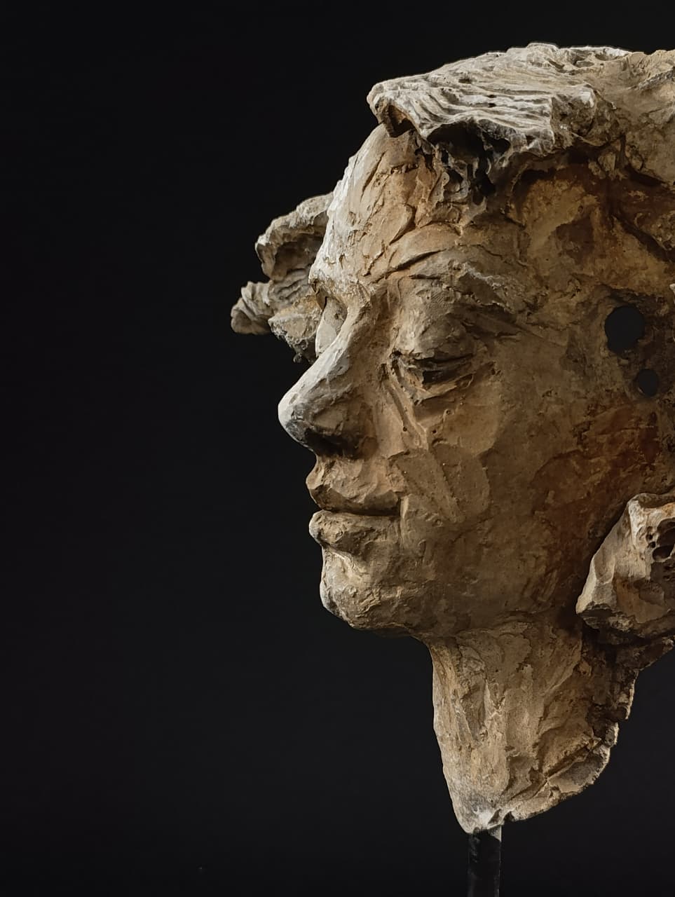 Vista cercana de la escultura en piedra artificial donde la roca orgánica se integra como parte del cabello humano.