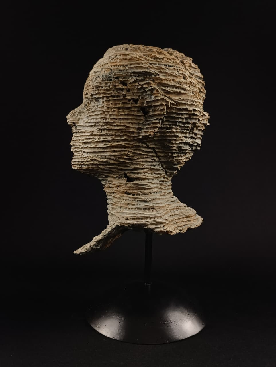 Primer plano del busto en yeso con capas y surcos horizontales que simulan desgaste.Vista lateral de Erosión