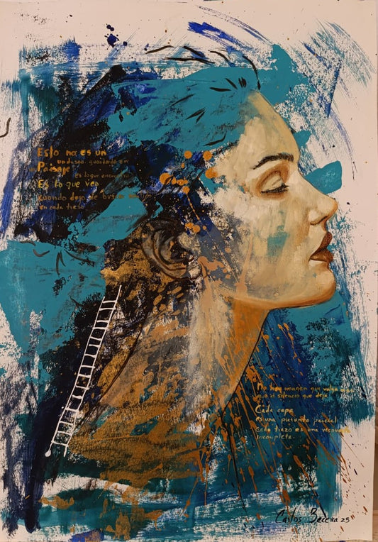 Pintura en acrílico sobre cartulina titulada El Ascenso, obra abstracta con figura central clara que emerge entre tonos tierra, negros y blancos.