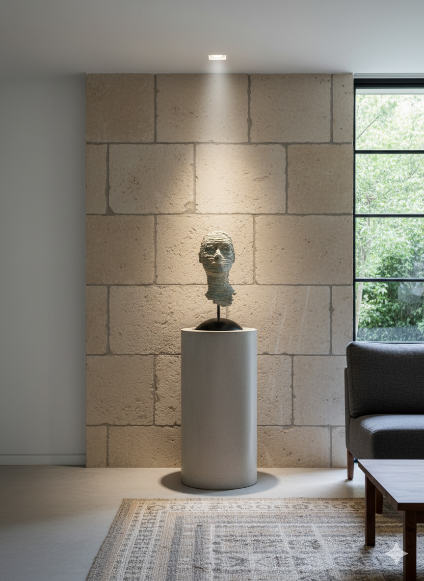 scultura figurativa contemporánea en yeso que simboliza la disolución de la identidad bajo el tiempo.