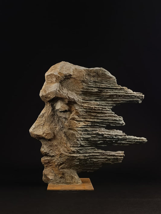 Escultura de Carlos Becerra Llabrés, cabeza masculina aplanada con efecto de pareidolia.