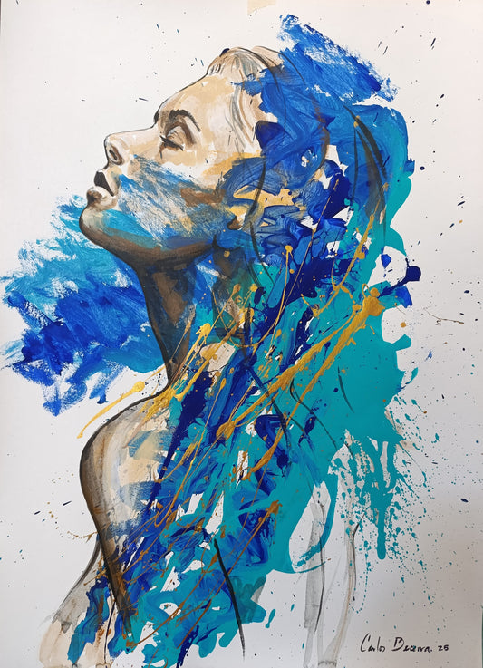 Silueta Azul en vista completa, obra abstracta en acrílico sobre cartulina con azules y dorados