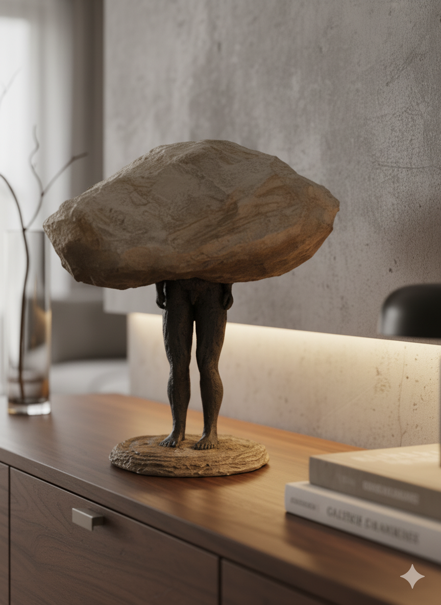 Escultura contemporánea Sobrepeso exhibida en espacio moderno, cuerpo humano y roca