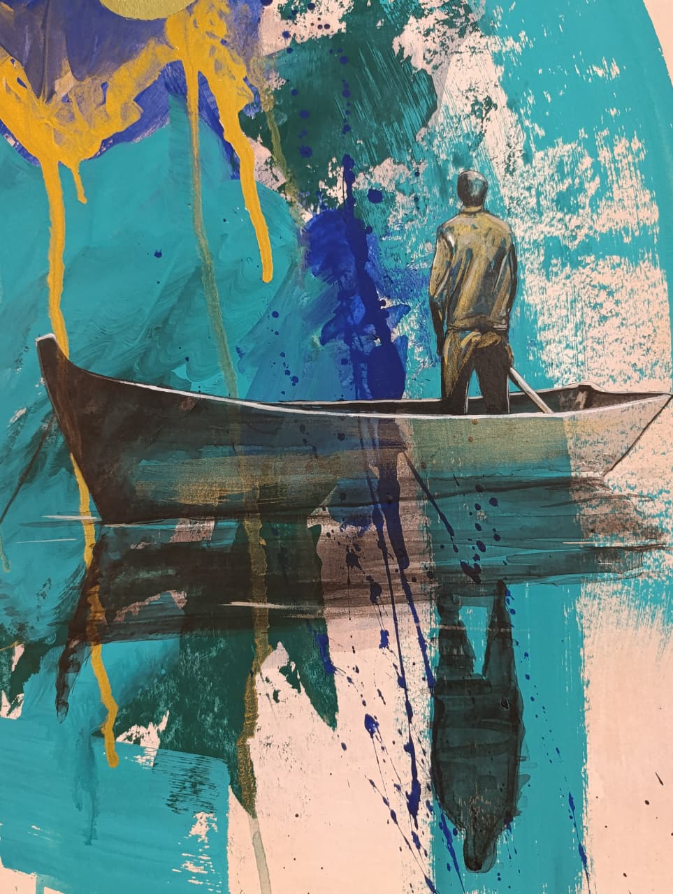 Pintura contemporánea A la deriva, acrílico y lámina de oro, obra original de Carlos Becerra Llabrés