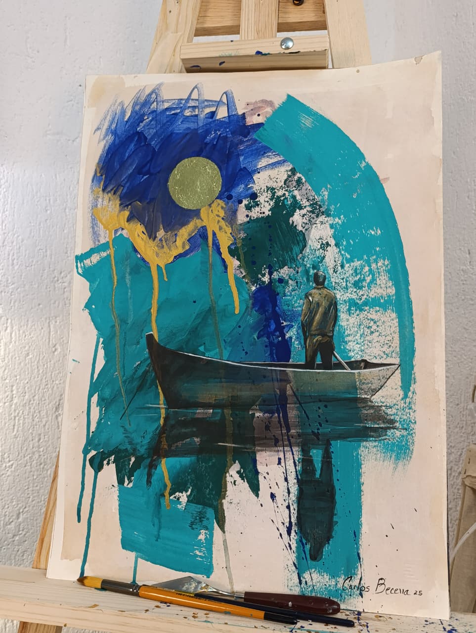 Pintura contemporánea A la deriva, acrílico y lámina de oro, obra original de Carlos Becerra Llabrés