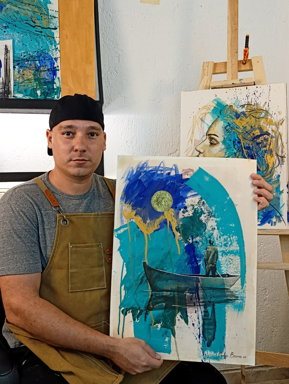 “Pintura contemporánea A la deriva, acrílico y lámina de oro, obra original de Carlos Becerra Llabrés
