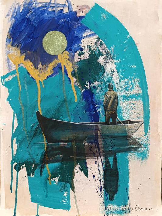 Pintura contemporánea A la deriva, acrílico y lámina de oro, obra original de Carlos Becerra Llabrés