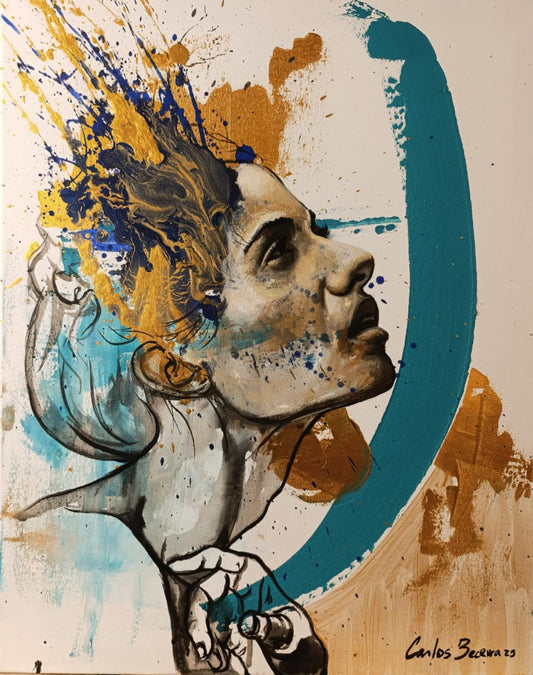 Pintura contemporanea Extasis con retrato femenino en azul y dorado carlos becerra llabres