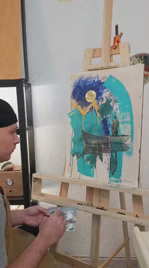 “Pintura contemporánea A la deriva, acrílico y lámina de oro, obra original de Carlos Becerra Llabrés