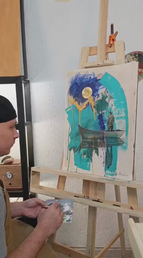 “Pintura contemporánea A la deriva, acrílico y lámina de oro, obra original de Carlos Becerra Llabrés