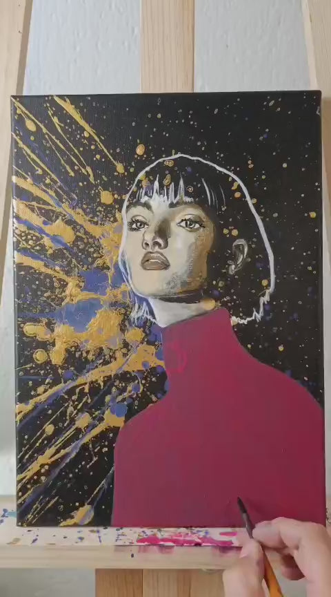 Retrato moderno de mujer en fondo negro con destellos dorados y azules carlos becerra