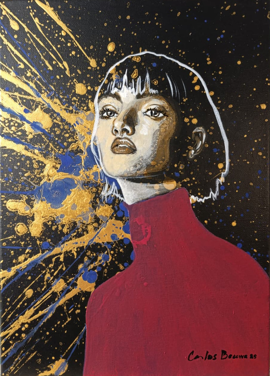 Retrato moderno de mujer en fondo negro con destellos dorados y azules carlos becerra escultor